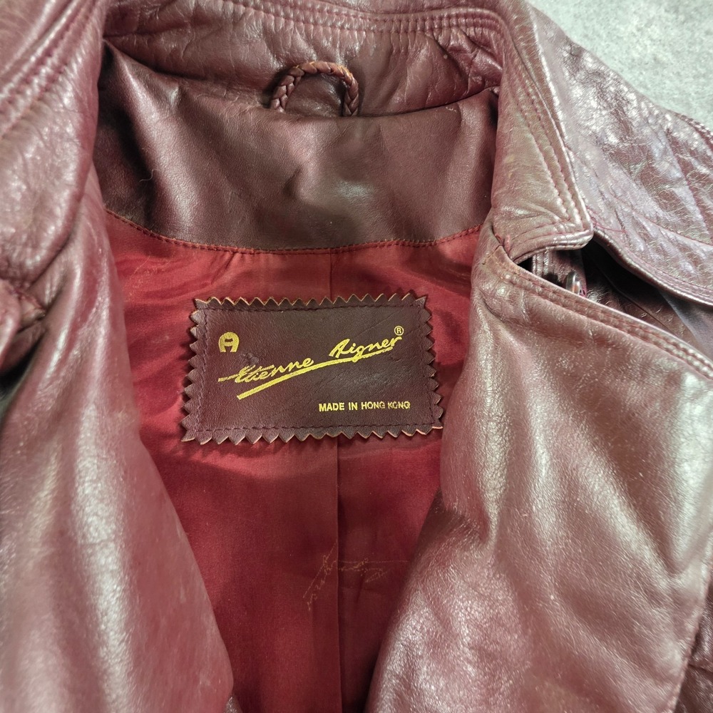 Vintage Etienna Aigner Jacket Womens 8 Oxblood Red Leather Trench Coat 90s - Picture 6 of 16